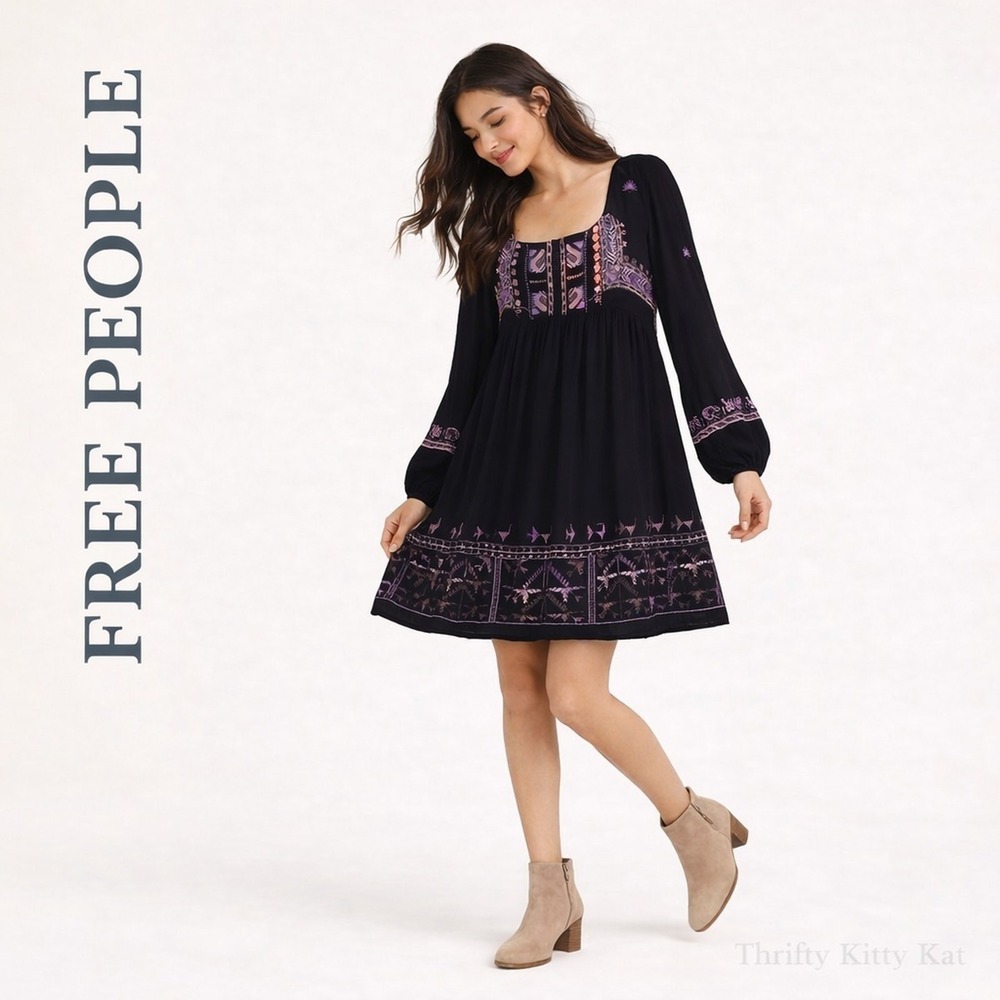 Free People Rhiannon Embroidered Boho Peasant Mini Dress Tie‎ Back Long Sleeve S